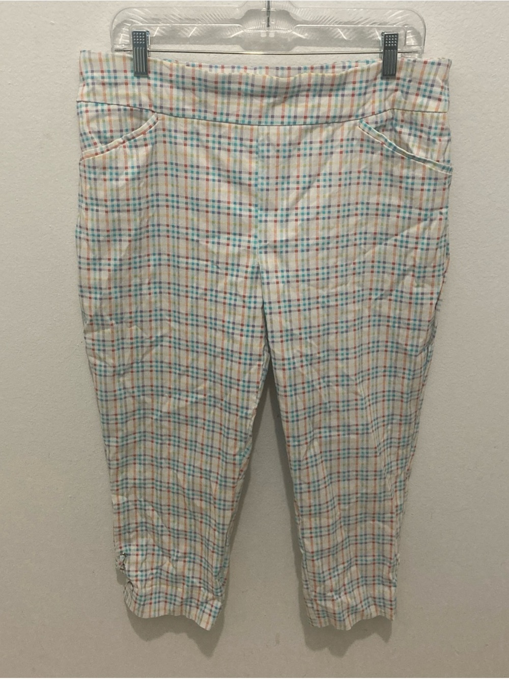 PERFECT STRETCH by CHICO'S white multicolor plaid pull on cropped pants 2.5/L/XL